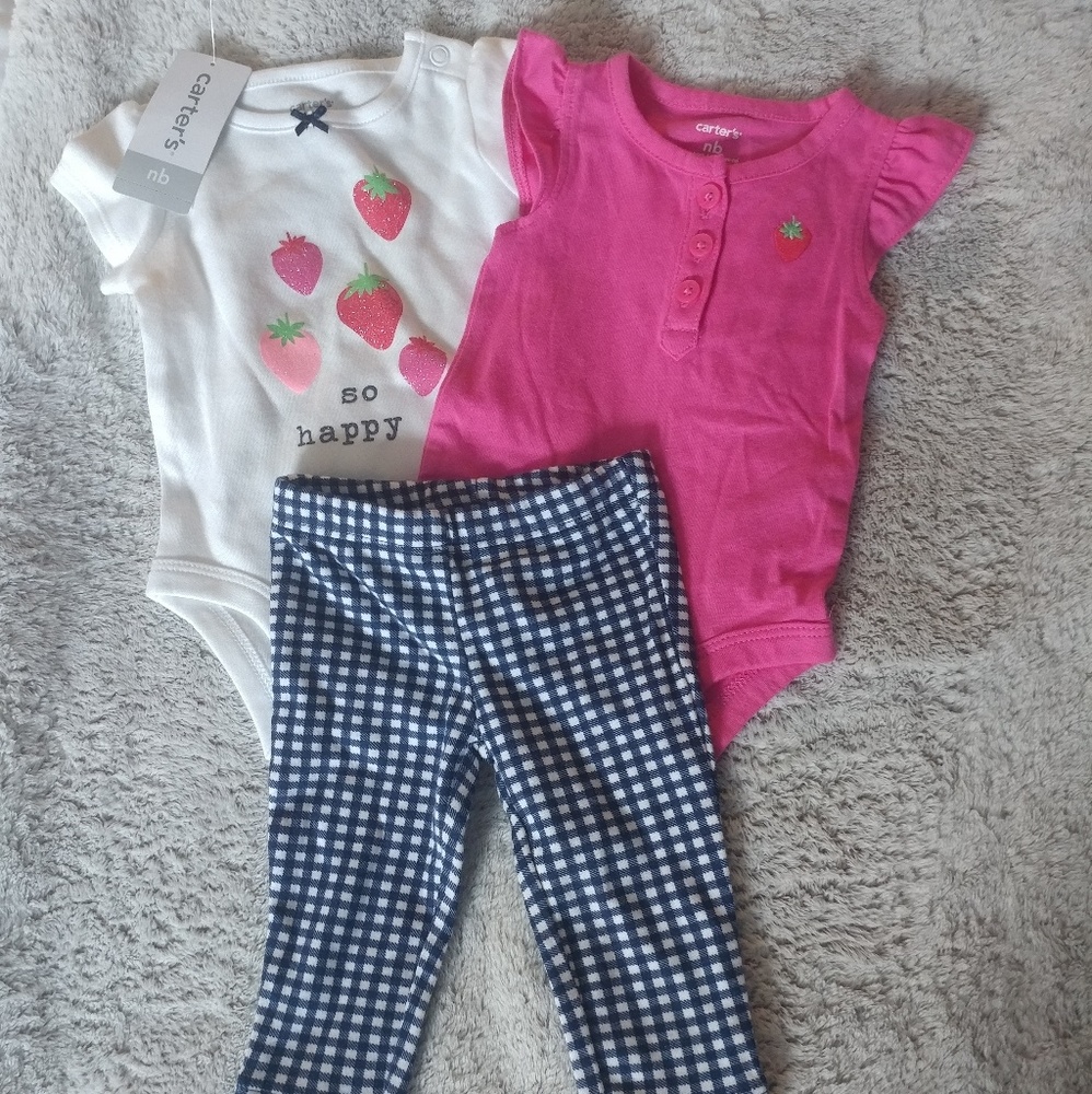 NWT Carter's Baby girl Strawberry plaid 3pc set NB - Picture 1 of 6